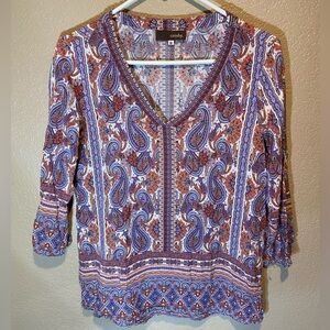 crosby. Women's Paisley V-Neck Blouse - Blue and Orange